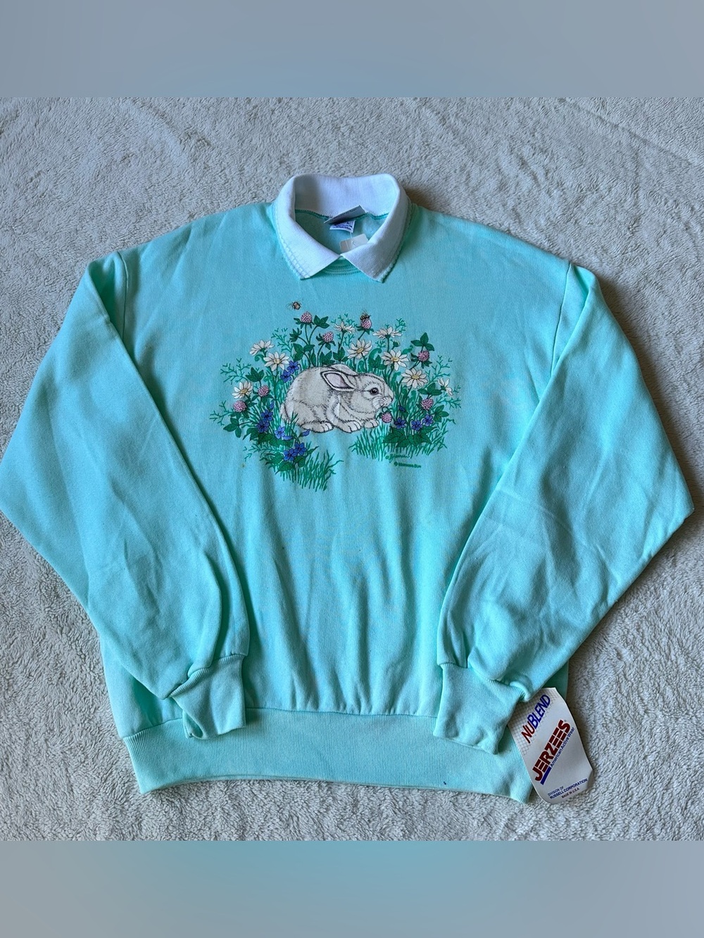 Vintage Mint Green Morning Sun Jerzees Bunny Rabbit Sweatshirt Grandmacore Sz L*